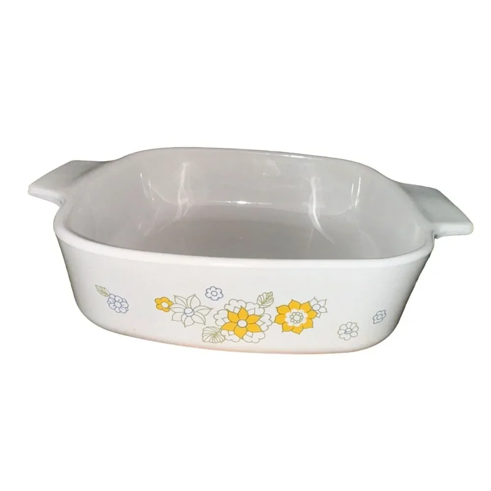 Vtg Corning Ware 1 Quart Casserole Dish With Lid Floral Bouquet A1B Yellow White